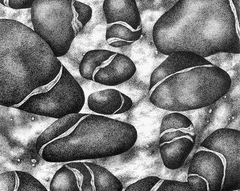 Wishing Stones Beach Stones Drawing, Framed Stipple Ink ORIGINAL Drawing, Wishing Stones Original Art, Framed Black and White Ink Drawing