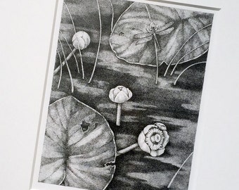 Framed Dragonfly Lily Pad Stipple Ink Drawing, Original Art