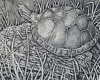 Gemalte Schildkröte Original Tusche Zeichnung, Gepunktete Schwarz Weiss Kunst
