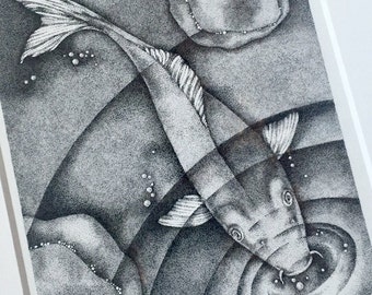Framed Koi Fish Ink Drawing, Stipple Art, Black and White