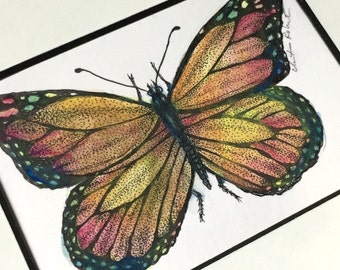 Original Butterfly Ink Watercolor Drawing, Framed Stipple Art, Nature Wall Decor
