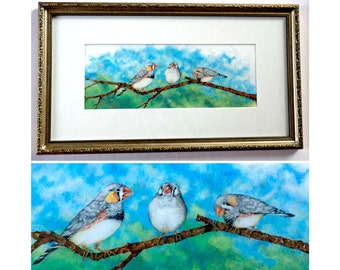 Framed Original Colored Pencil Drawing, Zebra Finch Birds Original Framed Art, Original Finch Bird Drawing, Birds on a Branch Drawing