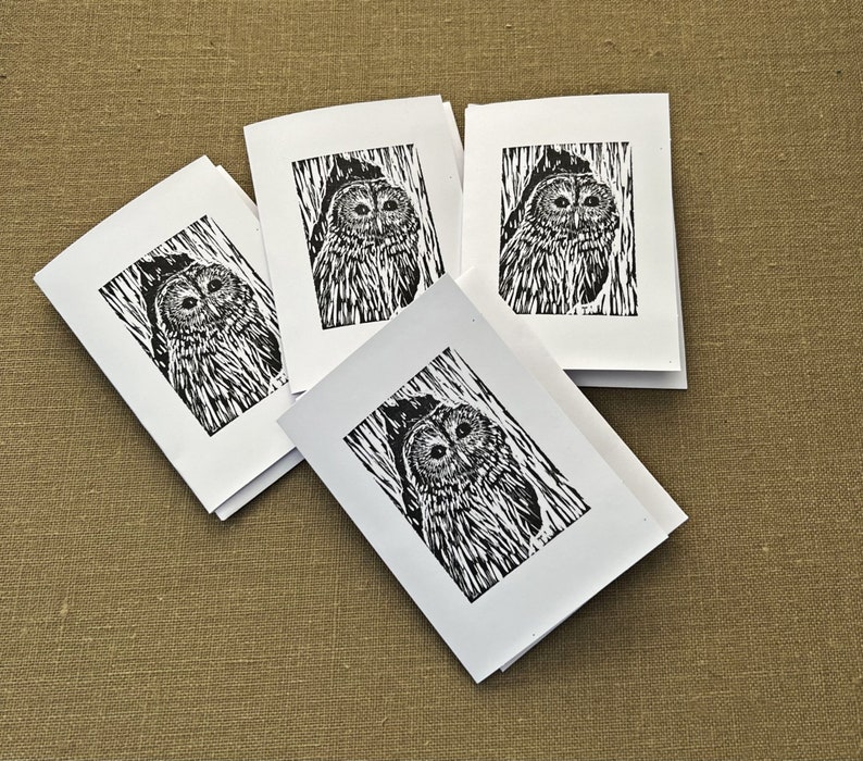 Set of Owl Note Cards, Blank Card Set, Owl Block Print Art Note Cards, Barred Owl Blank Card Set of FOUR, Art from Original Block Prints image 5