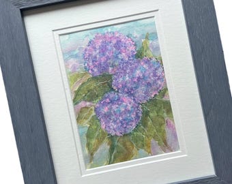Framed Hydrangeas Watercolor, Blue Purple Floral Original Art