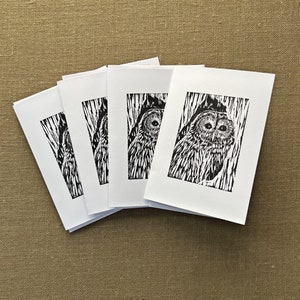 Set of Owl Note Cards, Blank Card Set, Owl Block Print Art Note Cards, Barred Owl Blank Card Set of FOUR, Art from Original Block Prints image 3