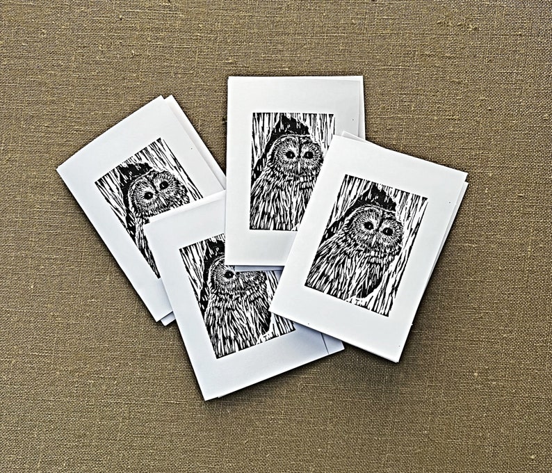 Set of Owl Note Cards, Blank Card Set, Owl Block Print Art Note Cards, Barred Owl Blank Card Set of FOUR, Art from Original Block Prints image 1