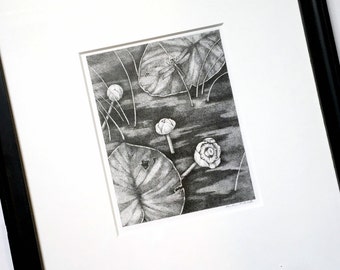 Lily Pad Dragonfly Drawing, Framed Stipple Ink Drawing, Original Art, Dragonfly Lily Pad Original Art, Framed Black and White Ink Drawing