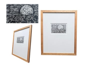 Full Moon Tide Original Ink Drawing, Framed Stipple Ink Original Drawing, Maine Art