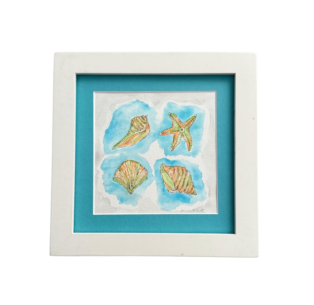 Sea Shells Ink Framed Sea Shells Watercolor Art, Original Ink Painting (8.25x8.25) - Etsy