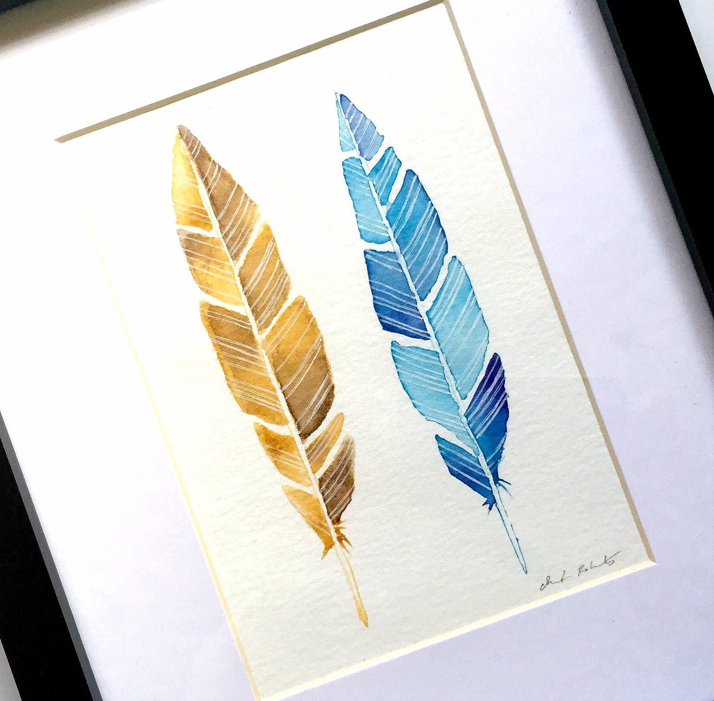Framed Feather Watercolor Original Art Two Feathers Etsy