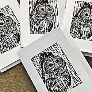 Set of Owl Note Cards, Blank Card Set, Owl Block Print Art Note Cards, Barred Owl Blank Card Set of FOUR, Art from Original Block Prints image 2