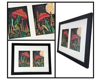 Midnight Mushroom Magic Art, Framed Original Mushroom Mixed Media Collage Art