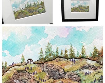 Framed Watercolor Landscape Painting, Tiny House in Maine, Original Art