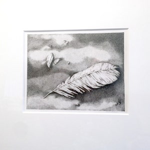 Framed Beach Feather Sea Shell Drawing, Stipple Ink Original Drawing, Feather Sea Shell Original Art, Framed Black and White Ink Drawing image 6