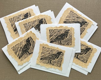 ONE Handmade Linocut Crow Note Card, Hand Pulled Linoleum Cut Crow Blank Note Card, Black Crow Linocut Note Card, Crow OOAK Block Print Card