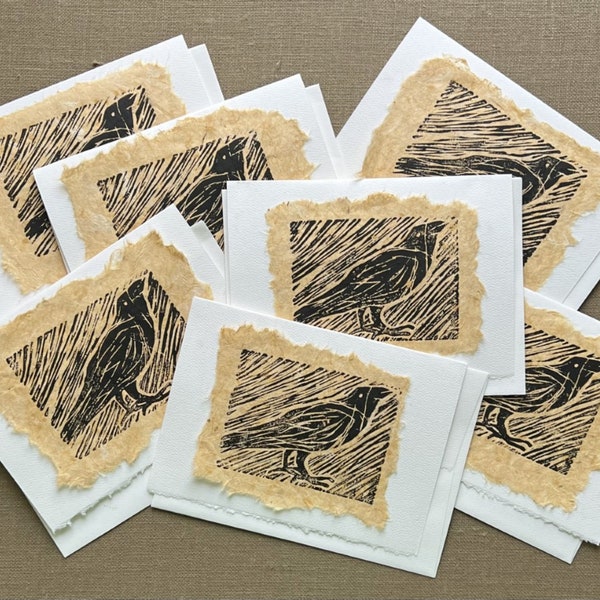 ONE Handmade Linocut Crow Note Card, Hand Pulled Linoleum Cut Crow Blank Note Card, Black Crow Linocut Note Card, Crow OOAK Block Print Card