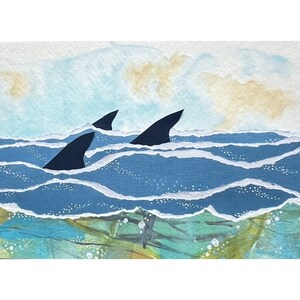 Arte di squali con tecniche miste, arte di delfini e focene a tema oceano, collage di carta ritagliata con acquerello e inchiostro, arte originale con pinne di pesce, Settimana degli squali