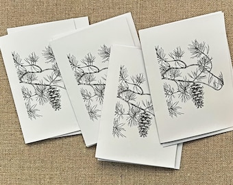 Pine Cone Branch Note Cards, Art from Original Drawing, Set of FOUR