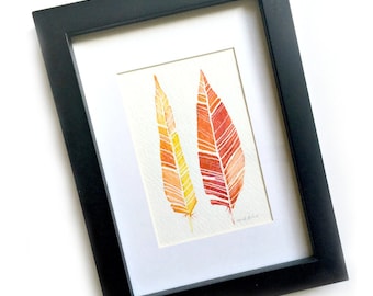 Framed Feather Watercolor Painting, Red Orange Gold Feathers, Original Art