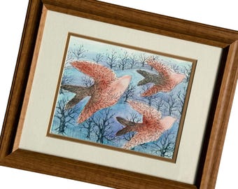 Watercolor & Ink Bird Art. Original Framed Bird Landscape Painting, Flying Bird Art