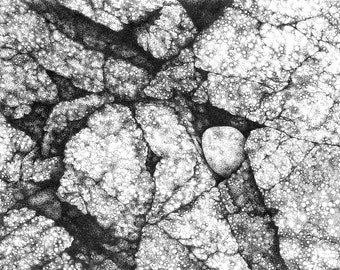 Framed Rock Study Stipple Ink Drawing, Original Art
