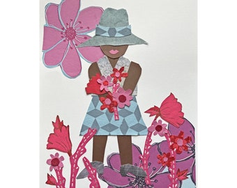 Flower Girl Cut Paper Collage, Original Cut Paper Collage Art Work with Brown Skin Girl and Flowers, Pink Red Gray Brown Flower Girl Art