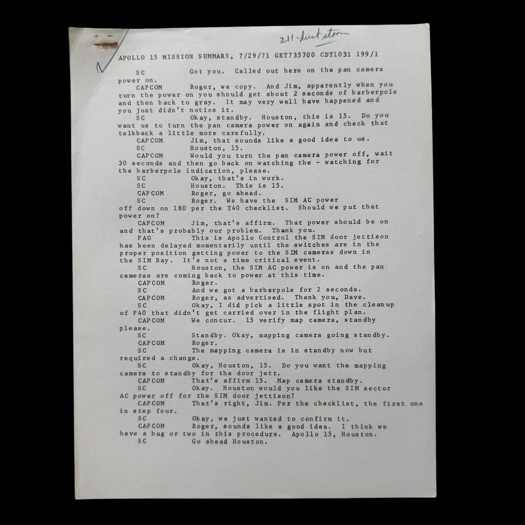 Apollo Documents Authentic 1971 Apollo 15 Mission Control Astronaut Communication ...