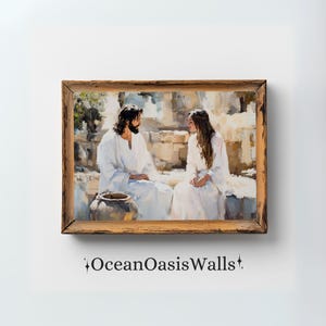Jesus And Woman At The Well Painting, Samaritan Woman New Testament Printable, Bible Story Art, Water Of Life, Jesus And Samaritan Woman Art