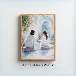 Jesus And Woman At The Well Painting, Samaritan Woman New Testament Printable, Bible Story Art, Water Of Life, Jesus And Samaritan Woman Art