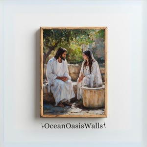 Jesus And Woman At The Well Painting, Samaritan Woman New Testament Printable, Bible Story Art, Water Of Life, Jesus And Samaritan Woman Art