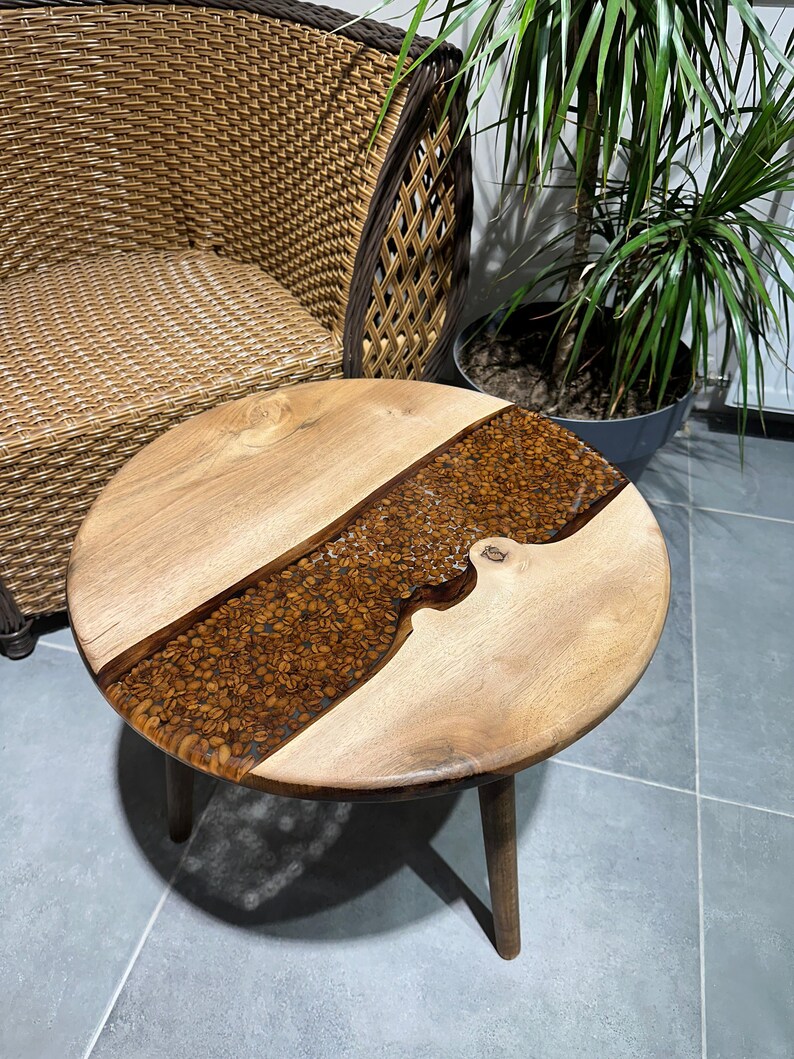 Round Resin Coffee Table, With Real Coffee Beans & Wooden Legs ...