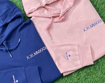 Embroidered Roman Numerals Hoodie, Anniversary Date Couple Sweatshirt, Initials on Sleeve, Personalized Valentines Day Christmas Gift