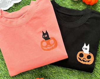 Black Cat Pumpkin Embroidered Sweatshirt, Halloween Crewneck for Cat Lovers, Cute Autumn Spooky Season Sweatshirt, Cat Lover Gift