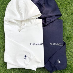 Custom Embroidered Roman Numeral Hoodie - Couples Gift - Personalized Gift Date Hoodie Initial on Sleeve - Engagements, 1st Anniversary gift