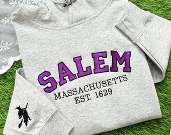 Custom Salem Massachusetts Embroidered Hoodie with Witch on Sleeve, Halloween Spooky Season Sweatshirt, Halloween Gift for Friend