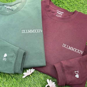 Custom Embroidered Roman Numeral Sweatshirt - Couples Gift - Personalized Gift Date Crewneck Initial on Sleeve - Engagement,Anniversary gift