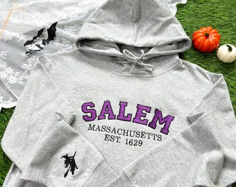 Sweat à capuche brodé Salem Massachusetts 1626/1629 avec sorcière sur la manche, sweat-shirt de la saison effrayante d'Halloween, cadeau d'Halloween