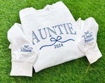 Embroidered Auntie Custom Sweatshirt with Kids names Personalized Mama Grandma Gift for New Aunt, Auntie Apparel, Mothers Day