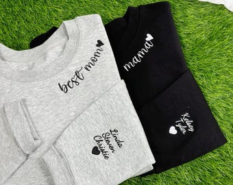 Custom Embroidered Mama Sweatshirt with Kids Name on Sleeve, Personalized Mom Sweatshirt, Minimalist Momma Sweater, Mothers Day Gift for Mom