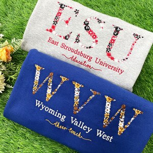 Custom College Floral Embroidered Sweatshirt, Floral Letter Embroidered Hoodie, College University High School Sweater, Back to College Gift