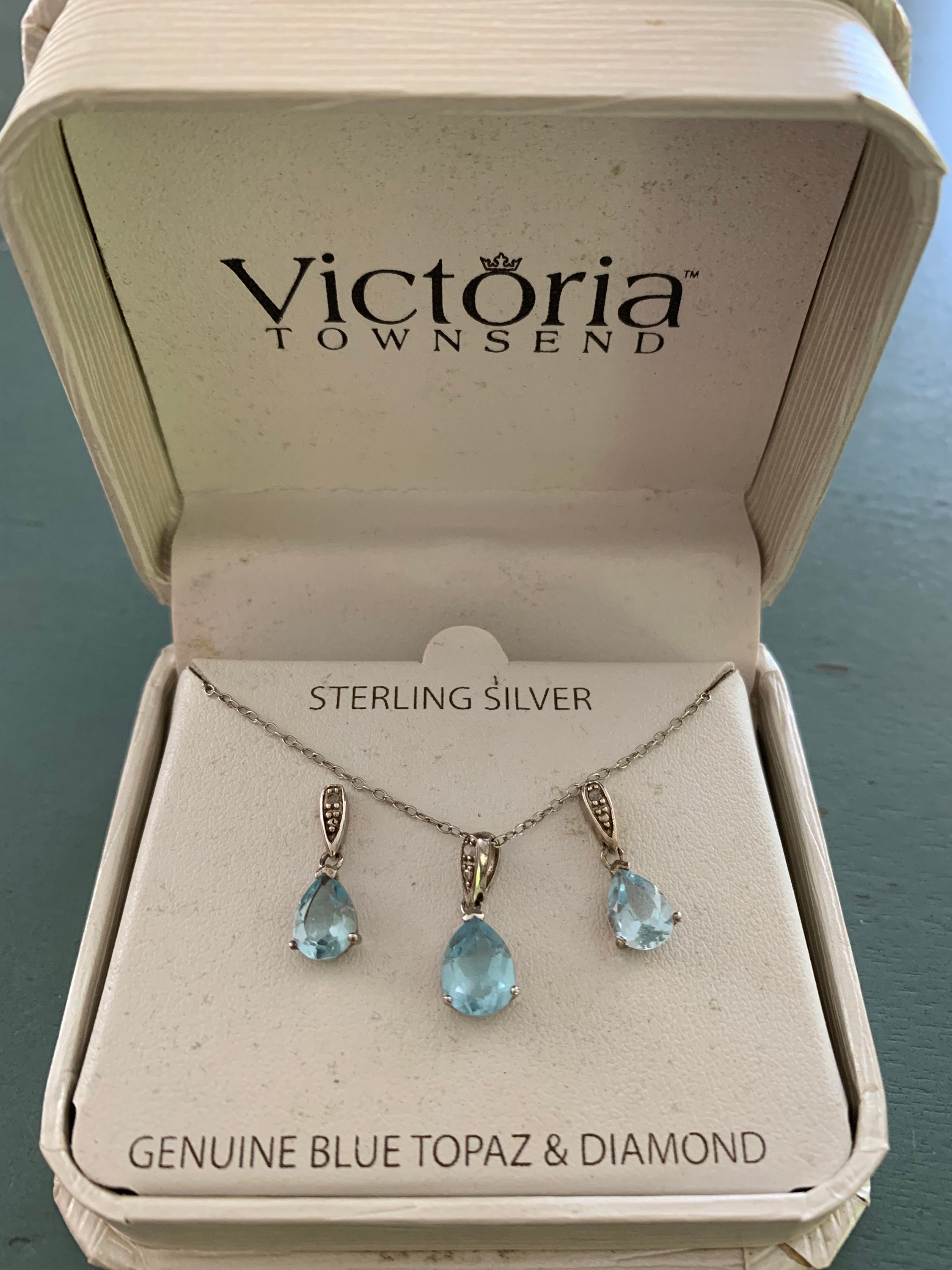 Blue Topaz Diamond and Sterling Silver Pear shaped Pendant and Earrings by Victoria Townsend Etsy