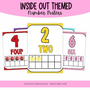 May include: Printable posters featuring the characters from the movie Inside Out. Each poster shows a number from 2 to 6, the number word, and a ten-frame with the corresponding number of characters.