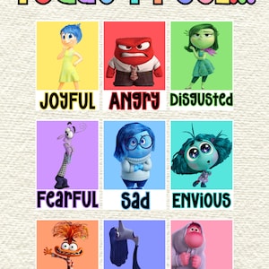 May include: A chart with nine colorful squares, each featuring a character from the movie Inside Out. Each square has a word below the character, describing an emotion: Joyful, Angry, Disgusted, Fearful, Sad, Envious, Anxious, Bored, Embarrassed.