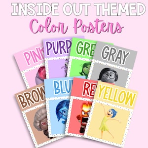 May include: Eight printable posters featuring characters from the movie Inside Out. Each poster features a different color and character, including Joy, Sadness, Anger, Fear, Disgust, Bing Bong, and Riley. The posters are designed for use in a classroom or home setting.