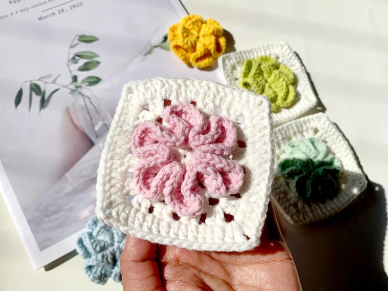 Crochet Granny Square 3D flower square in spring color