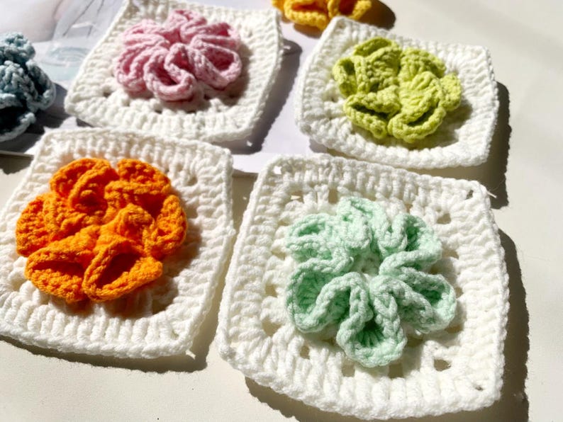 Spring Crochet Flower Granny Square Pattern, 3D flower pattern perfect for crochet bags, blankets, cardigans