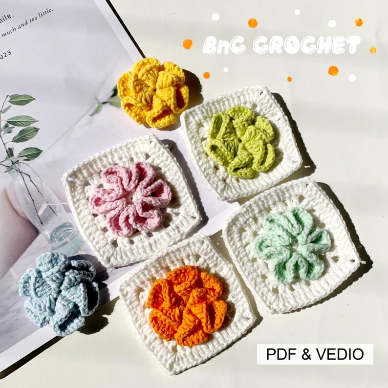 Crochet Granny Square 3D flower square in spring color
