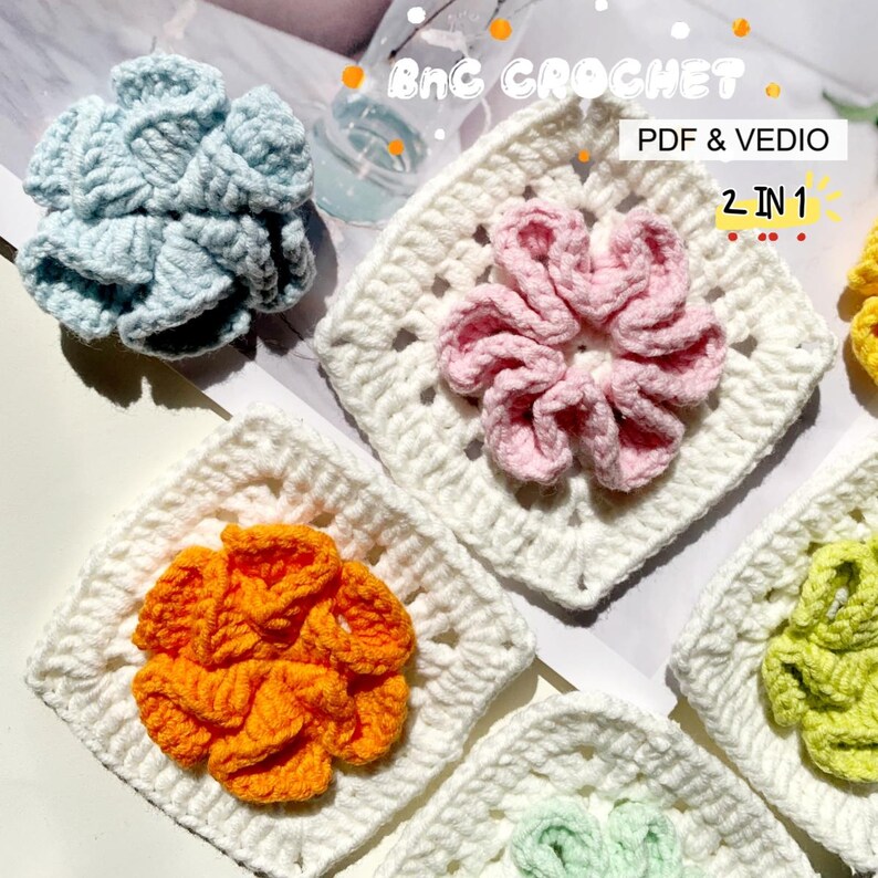 Crochet Flower Granny Square Pattern, 3D floer pattern perfect for crochet bags, blankets, cardigans