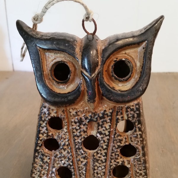 Vintage Pottery Owl Votive Holder..Outdoor Pottery Owl..Tea Light Holder..Garden Art..Hanging Candleholder..Mid Century Pottery..Windlight