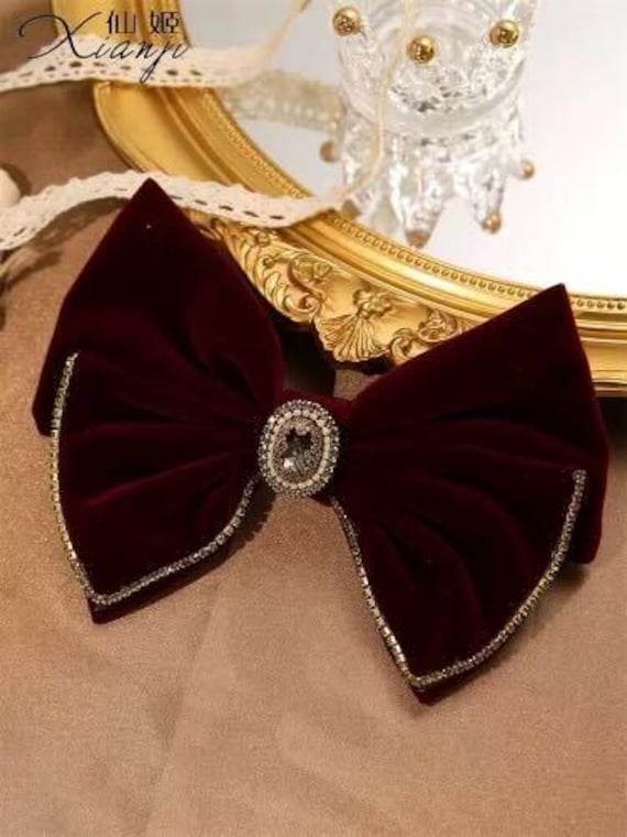 Vintage-inspired Burgundy Velvet Bow Hair Clip With  display picture 3